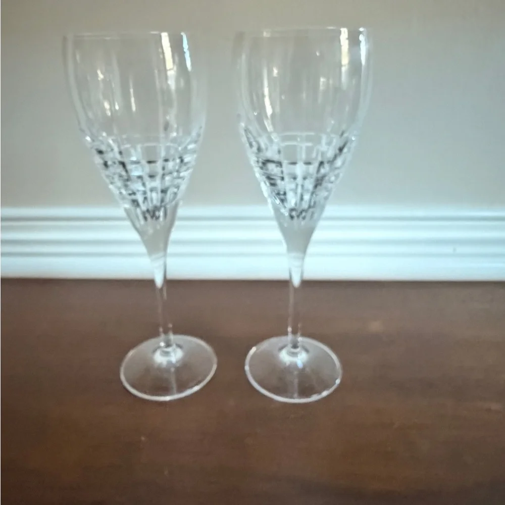 2 Tiffany & Co. Plaid Wine Glasses, 9 3/8”